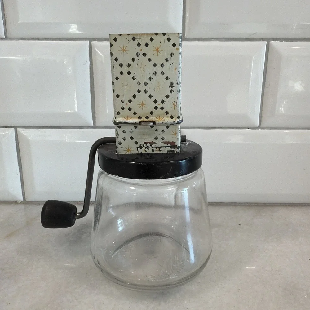 Vintage Androck 49 Nut Grinder Chopper Glass Jar Yellow Starburst GW992